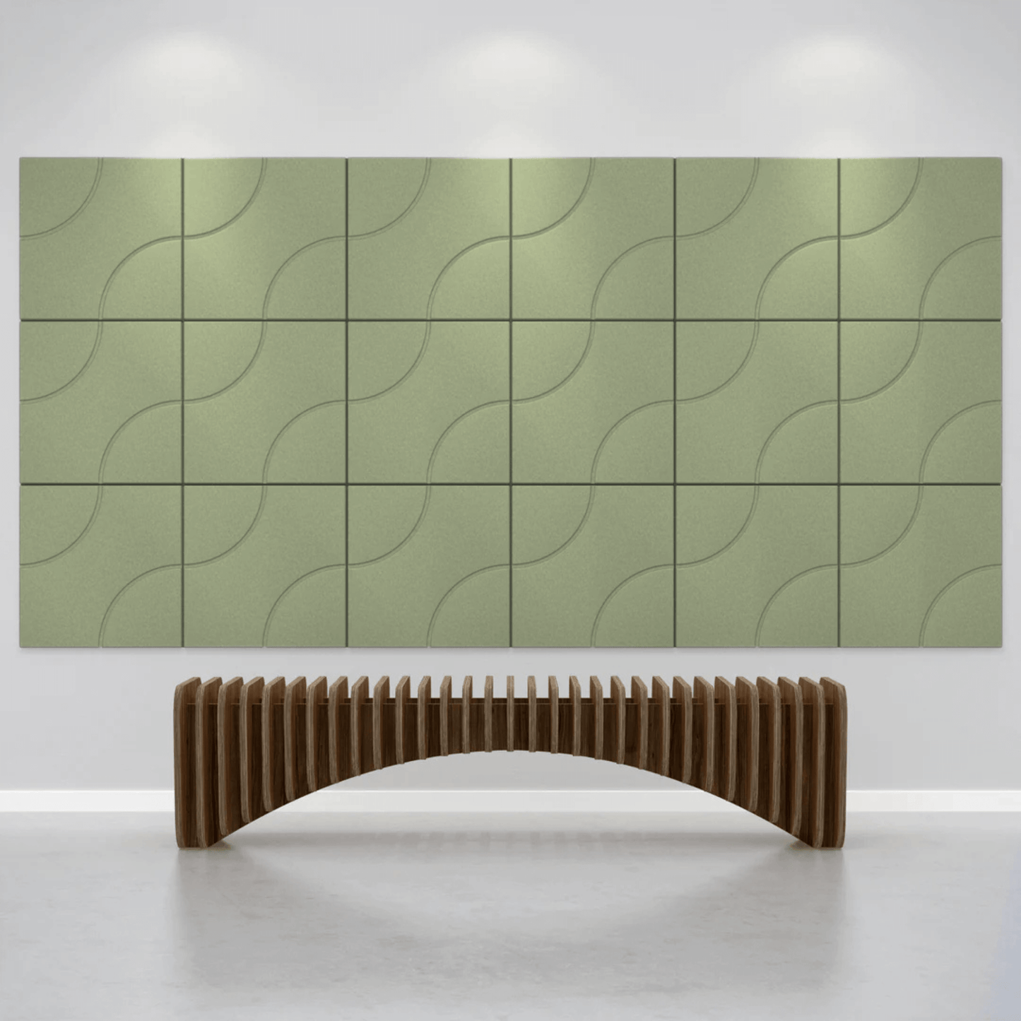 Acoustek Cavasinni acoustic tiles on a modern wall with a stylish curved bench underneath.