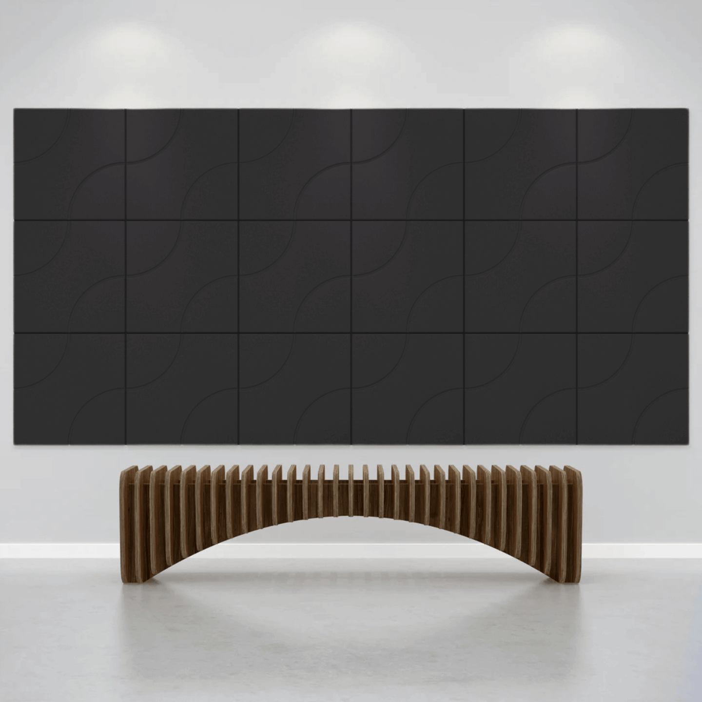 Acoustek Cavasinni acoustic tiles in a modern setting with a curved wooden bench underneath.