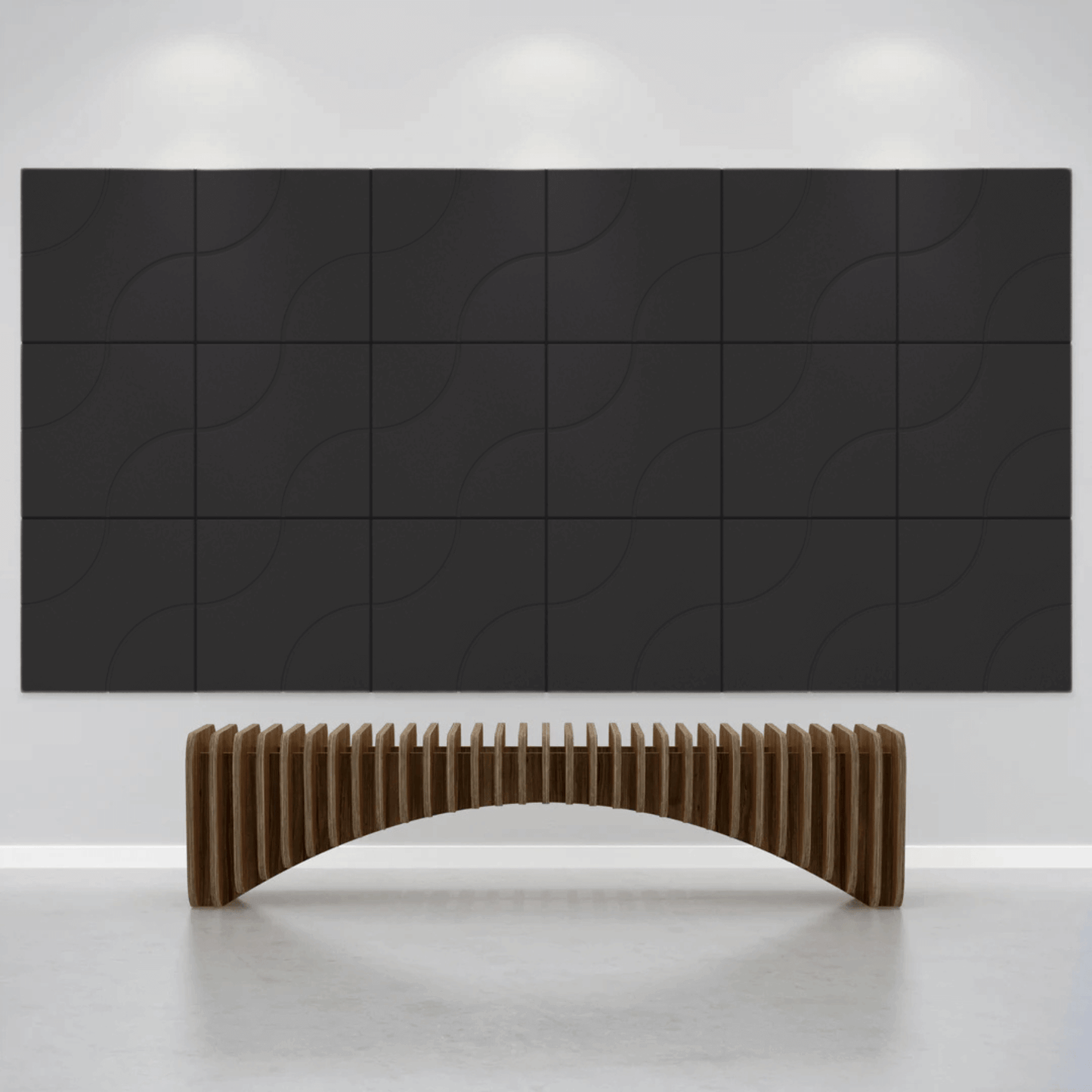 Acoustek Cavasinni acoustic tiles in a modern setting with a curved wooden bench underneath.