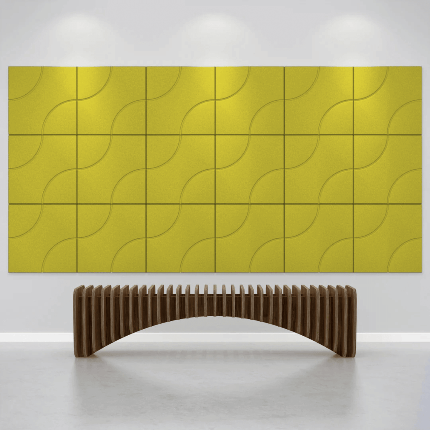 Acoustek Cavasinni acoustic tiles in vibrant yellow on a wall with a contemporary wooden bench below.