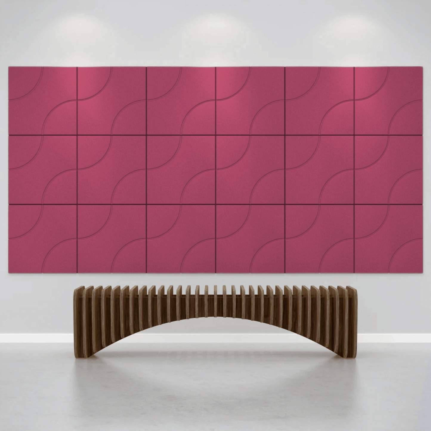 Acoustek Cavasinni acoustic tiles on wall with modern bench, enhancing sound and visual appeal in interior space.