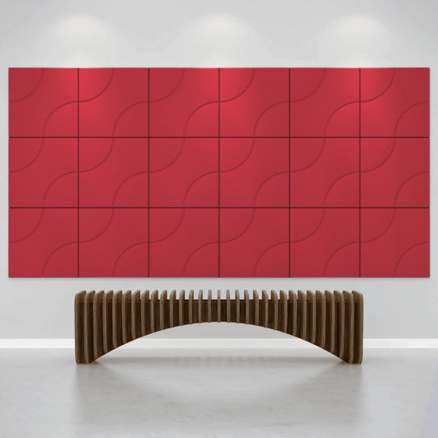 Acoustek Cavasinni acoustic tiles in red design on wall with modern bench in contemporary space.