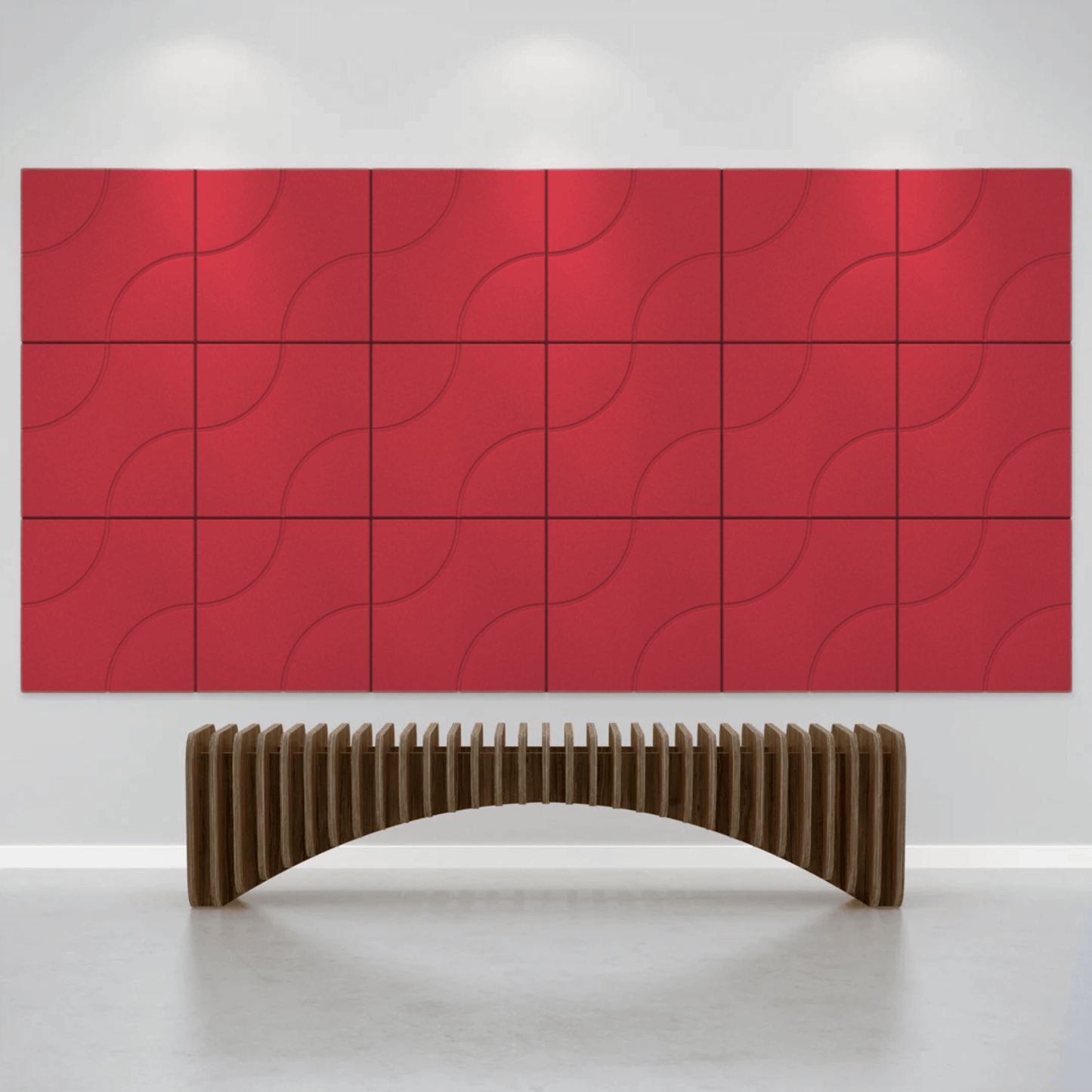 Acoustek Cavasinni acoustic tiles in red design on wall with modern bench in contemporary space.