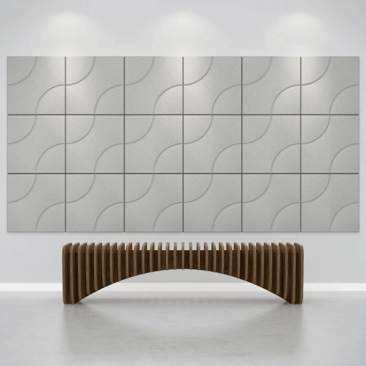 Acoustek Cavasinni acoustic wall tiles in a modern interior with a stylish wooden bench.