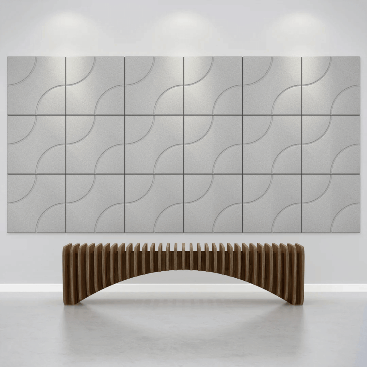 Acoustek Cavasinni acoustic wall tiles in a modern interior with a stylish wooden bench.