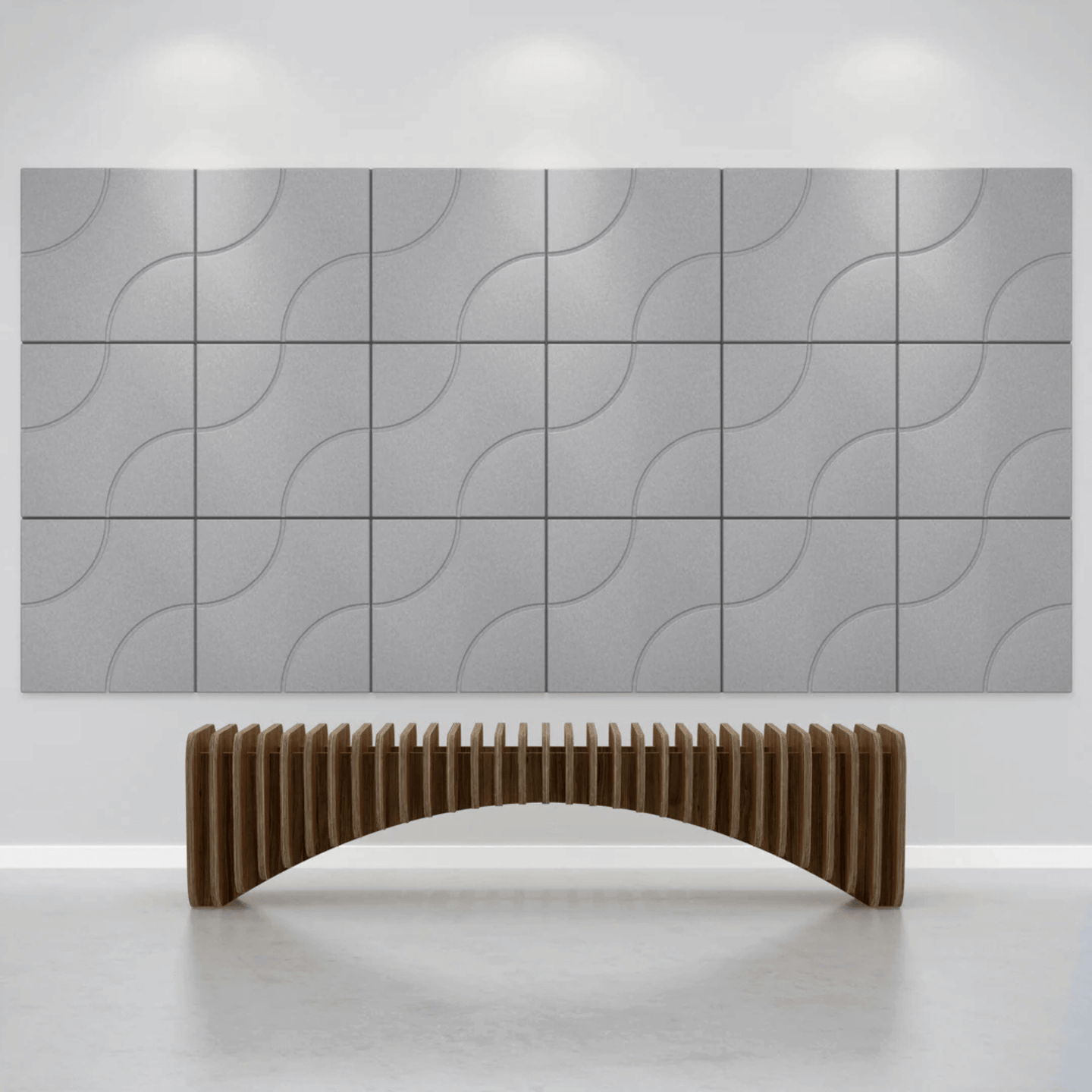 Acoustek Cavasinni acoustic tiles displayed on a wall, enhancing sound quality and aesthetics in modern interiors.