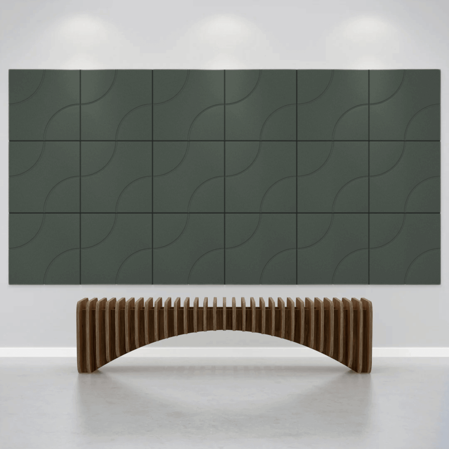 Acoustek Cavasinni acoustic wall tiles featured in a modern interior with a curved wooden bench.