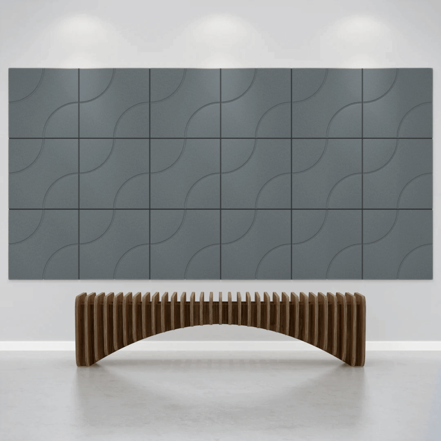 Acoustek Cavasinni acoustic tiles on a wall with a curved wooden bench in a modern interior design setting.