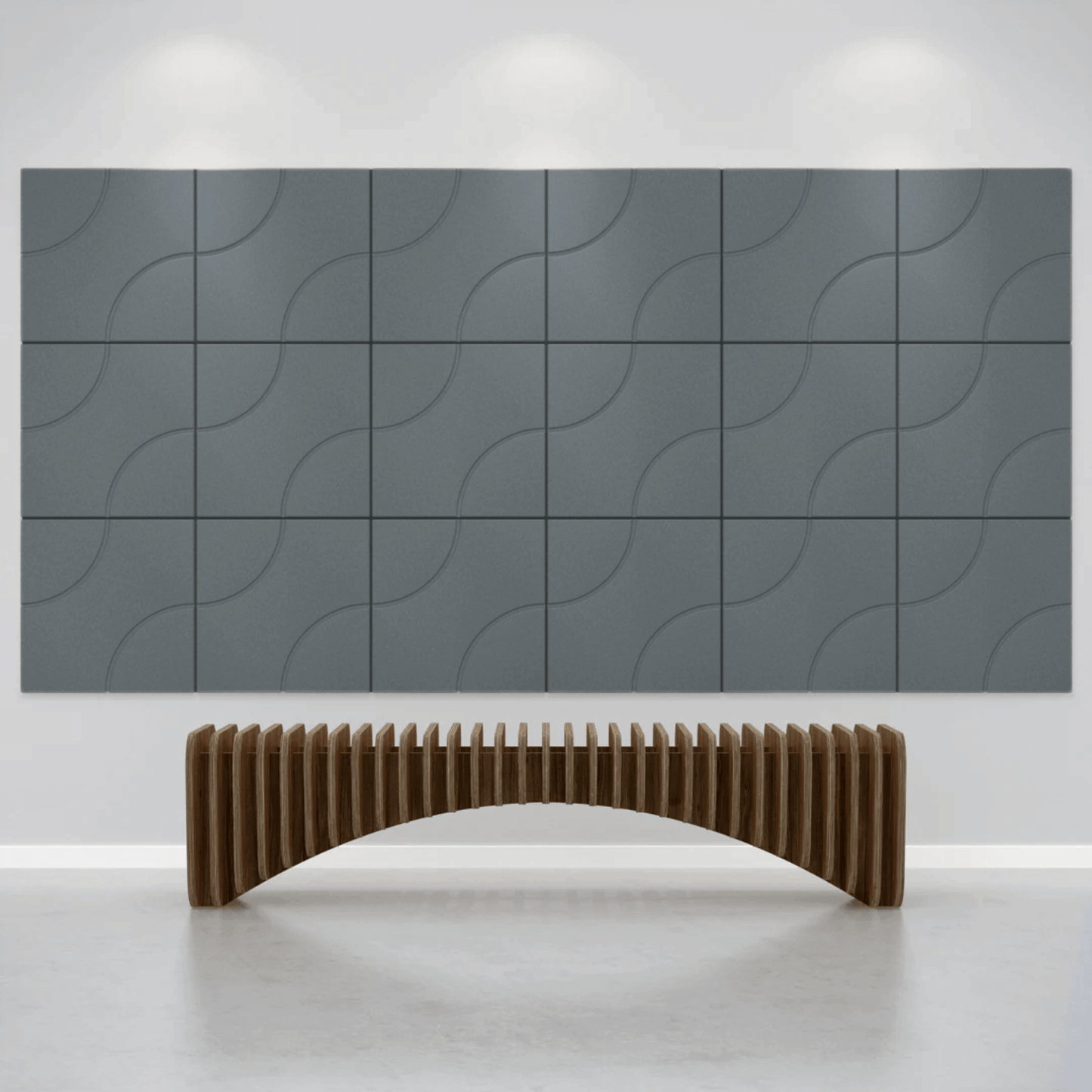 Acoustek Cavasinni acoustic tiles on a wall with a curved wooden bench in a modern interior design setting.