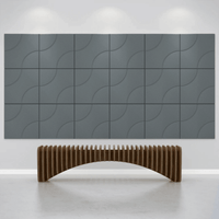 Acoustek Cavasinni acoustic tiles on a wall with a curved wooden bench in a modern interior design setting.