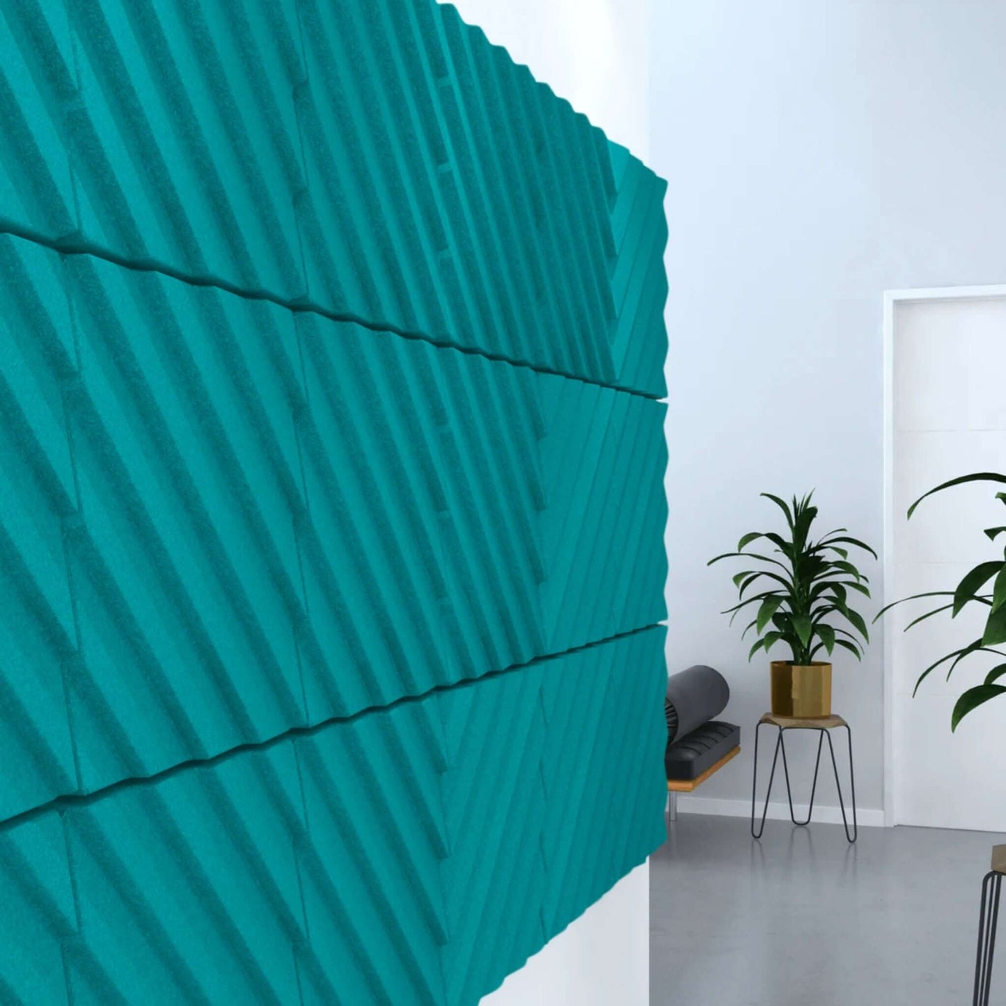 Acoustek Newport Collection acoustic panels in teal, enhancing interior aesthetics and sound absorption.