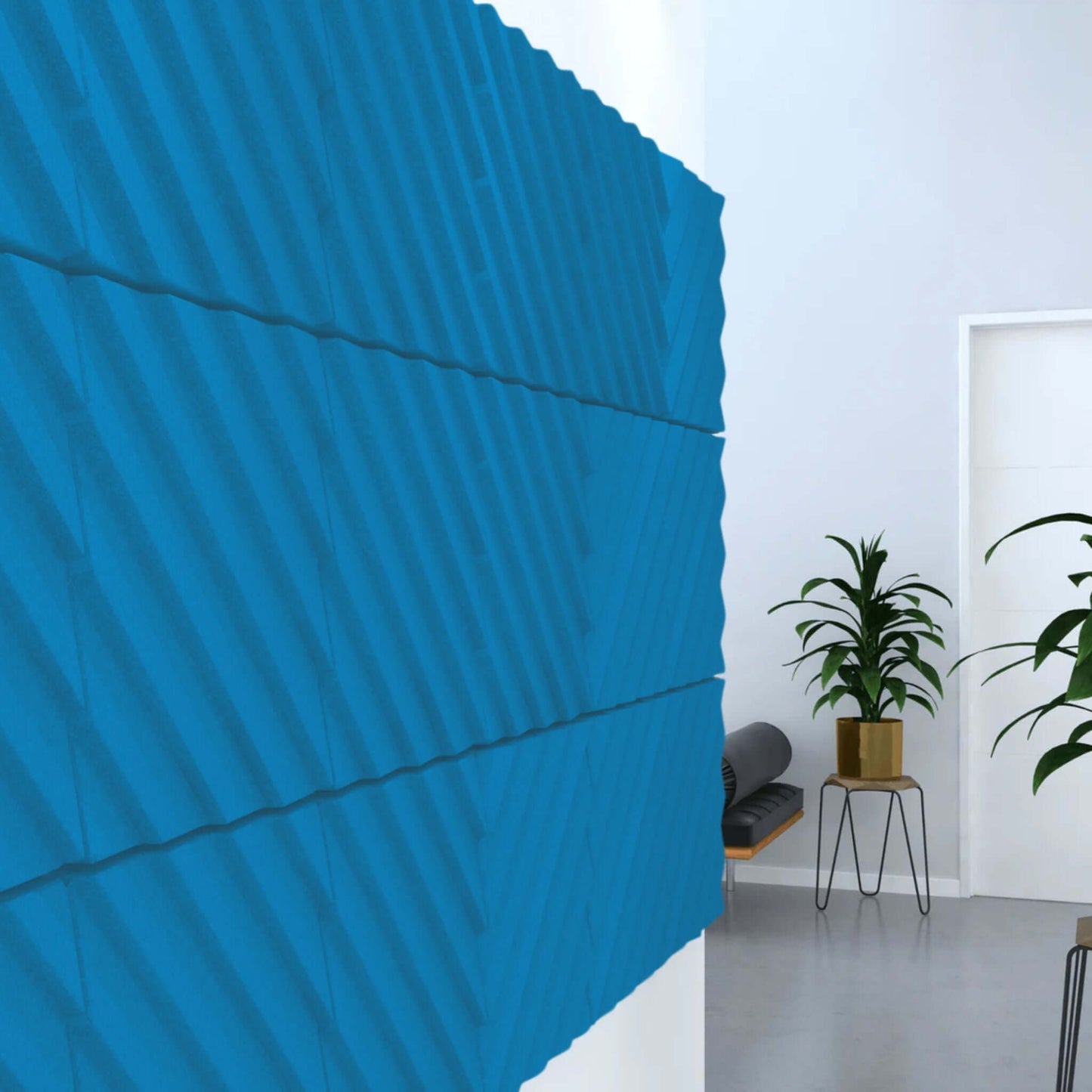 Acoustek Newport Collection blue acoustic wall tiles enhancing modern interior design and noise reduction.