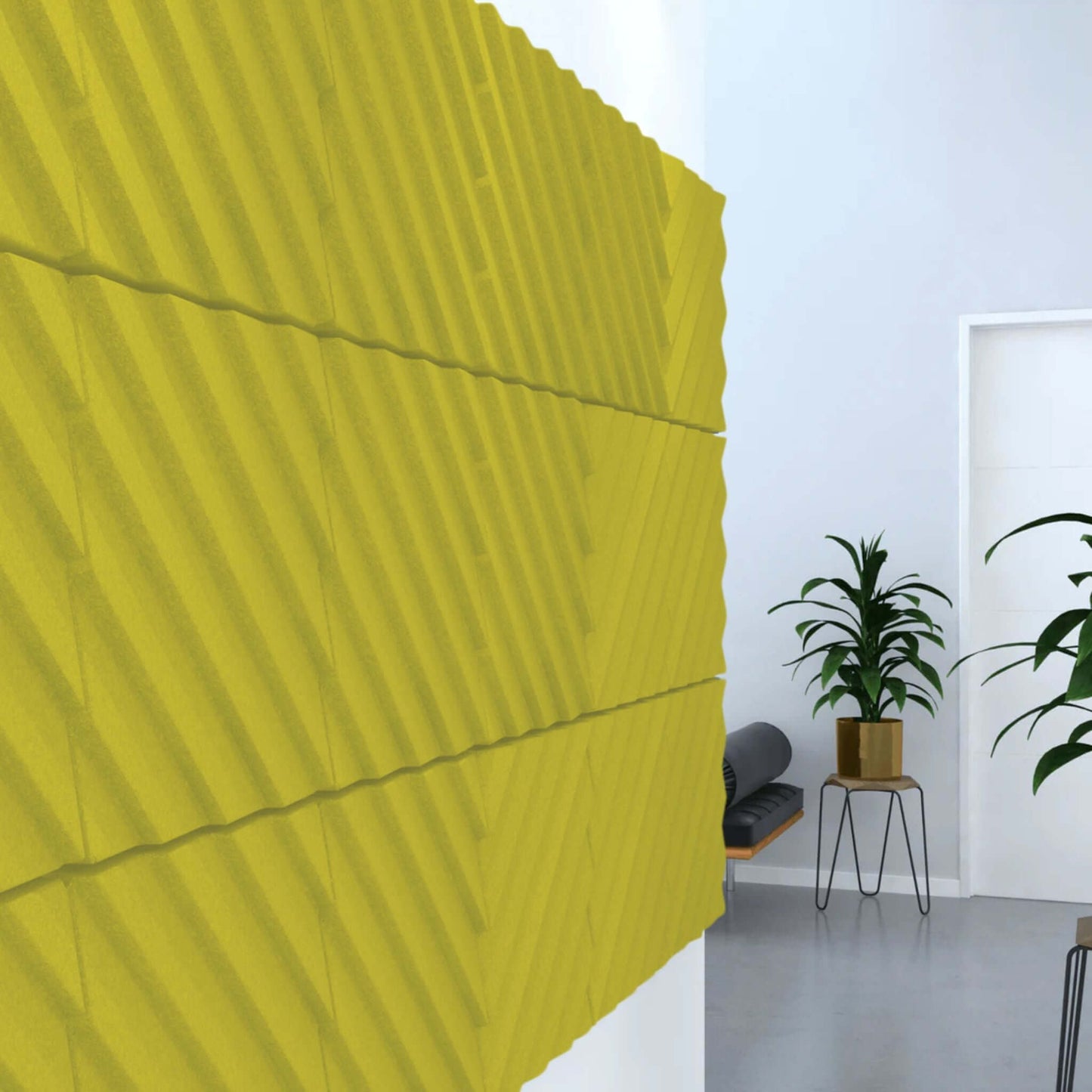 Acoustek Newport acoustic wall tiles in yellow, enhancing interior design while reducing noise in modern spaces.