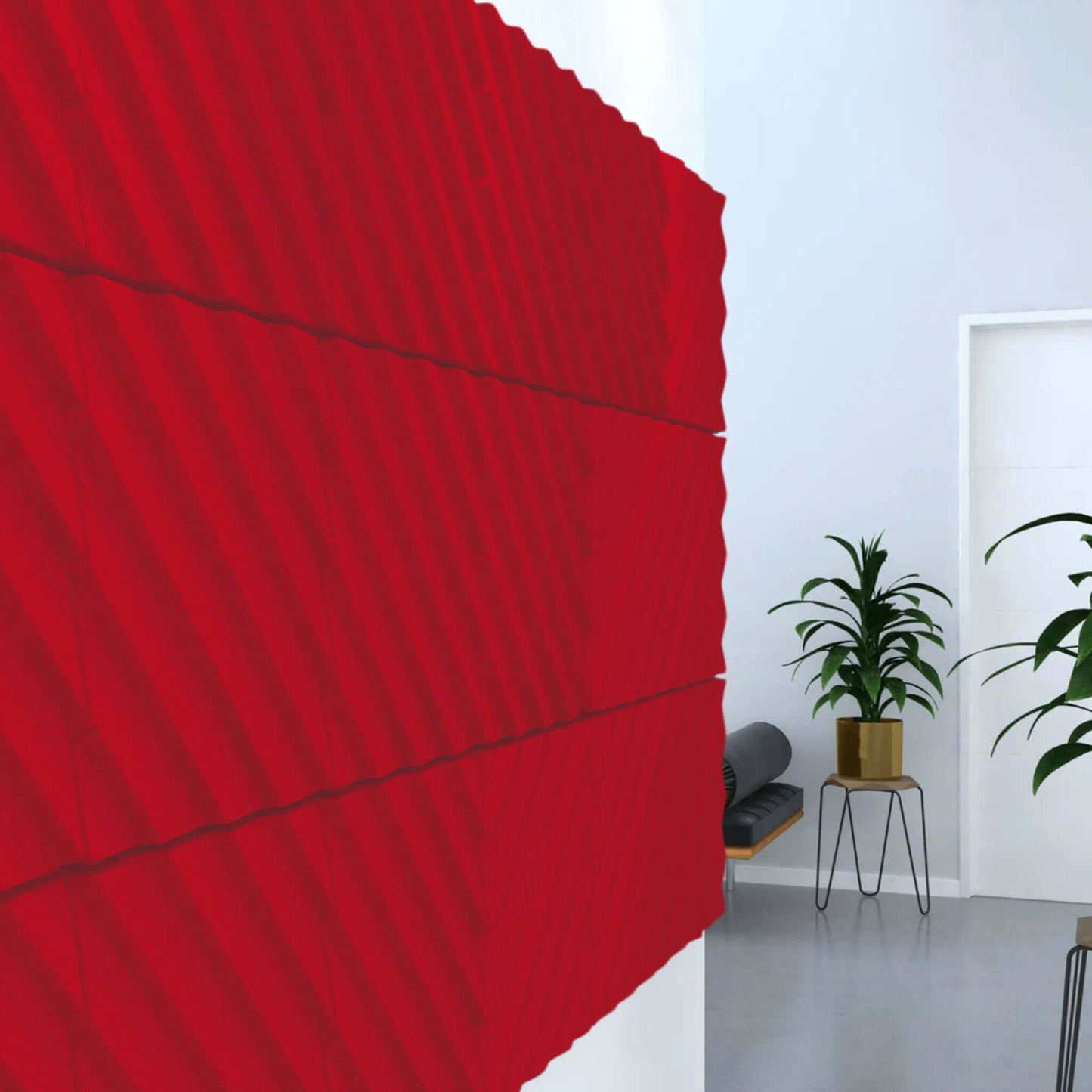Acoustek Newport Collection acoustic wall tiles in red, enhancing interior aesthetics and reducing noise.