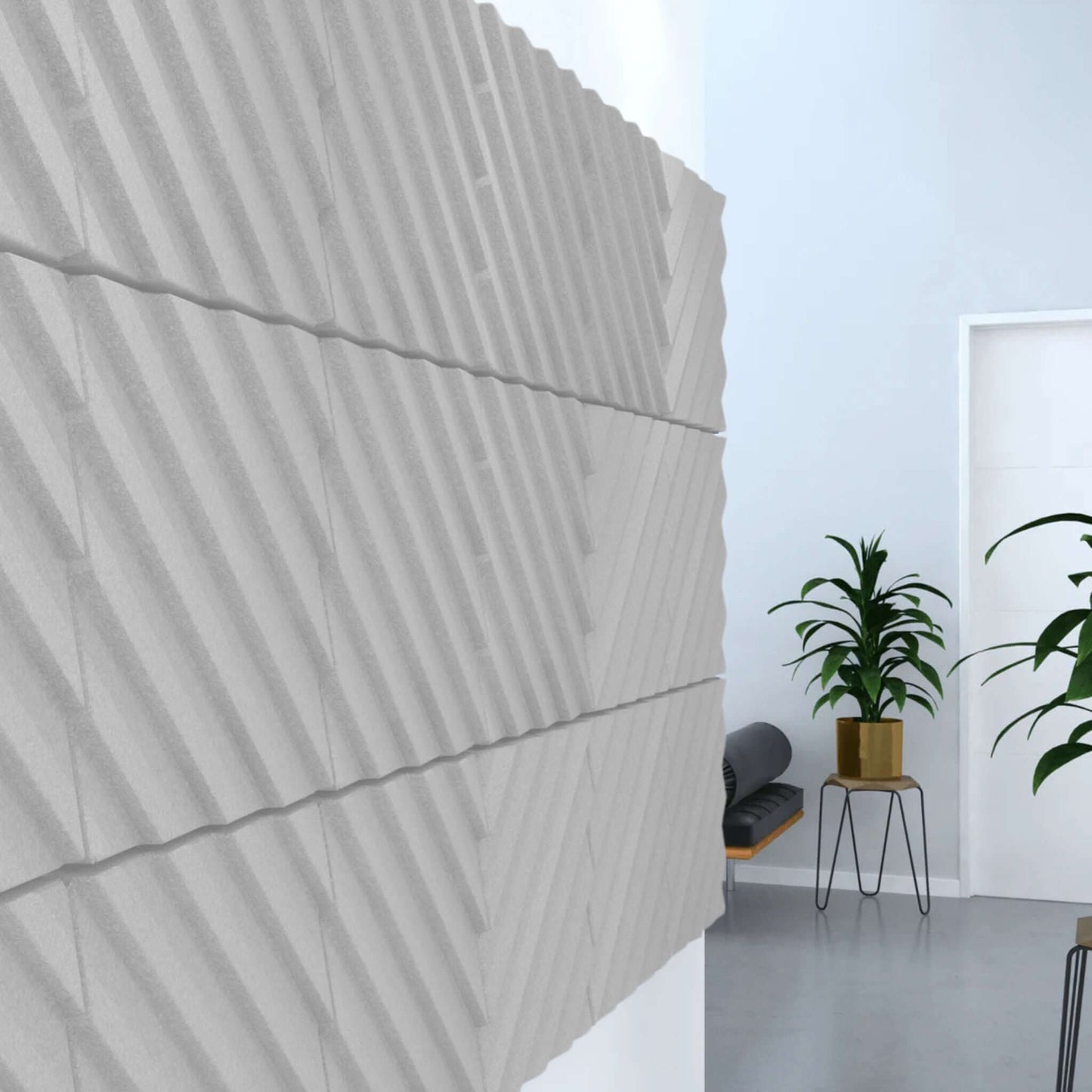 Acoustek Newport Collection acoustic wall tiles in modern interior, enhancing style and sound absorption.