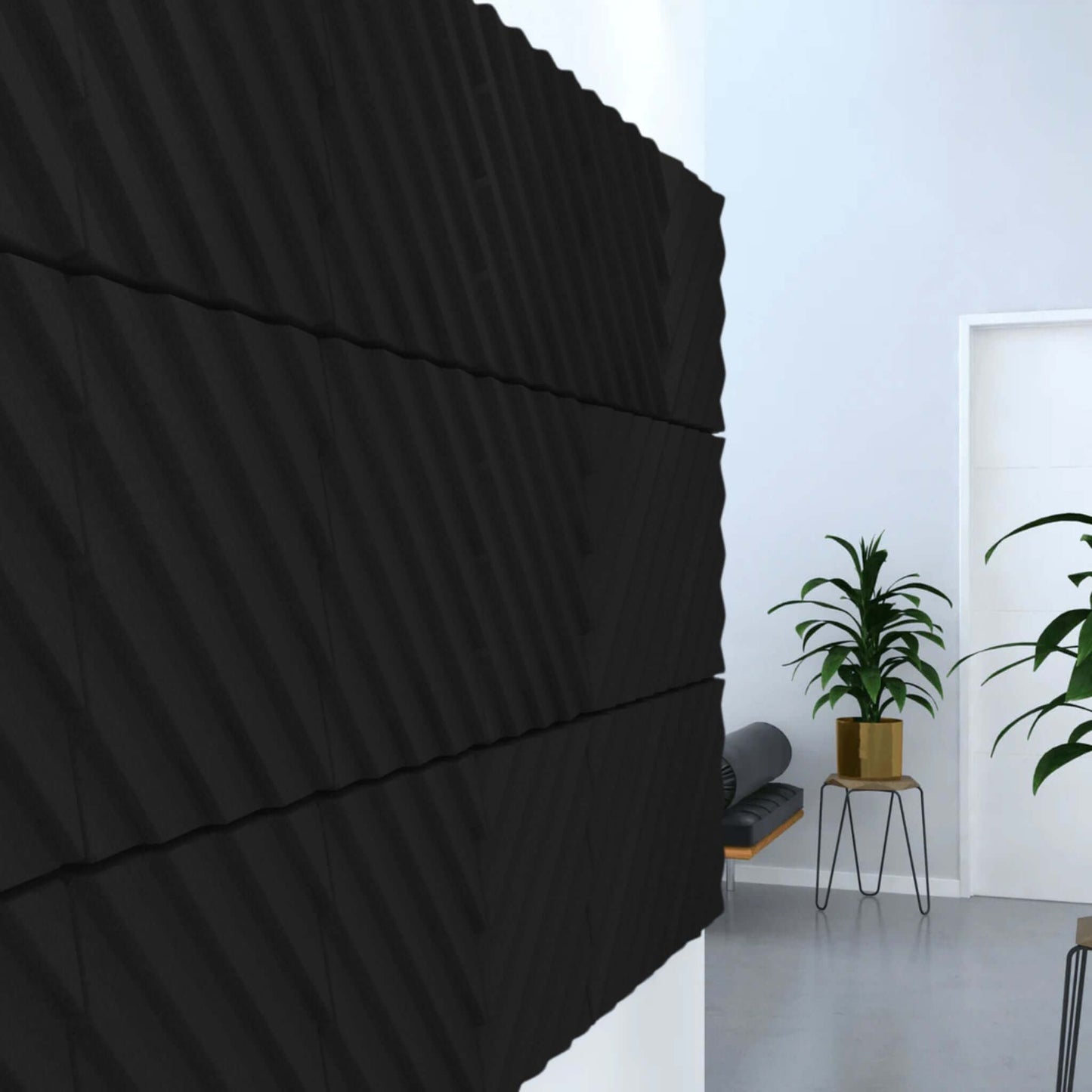 Acoustek Newport Collection acoustic wall tiles featuring stylish black design for effective sound reduction.