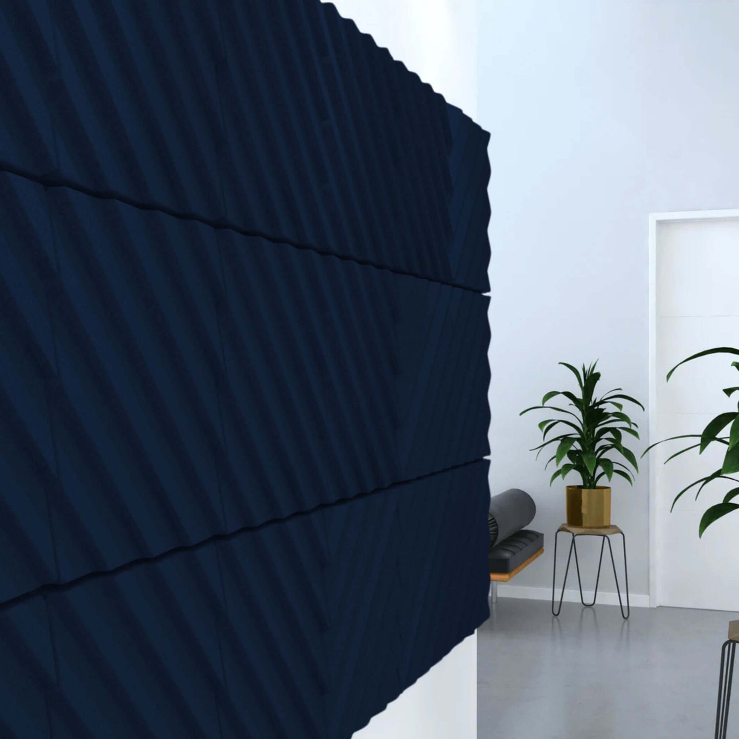 Acoustek Newport Collection Acoustic wall tiles in navy blue, enhancing aesthetics and sound absorption in modern interiors.