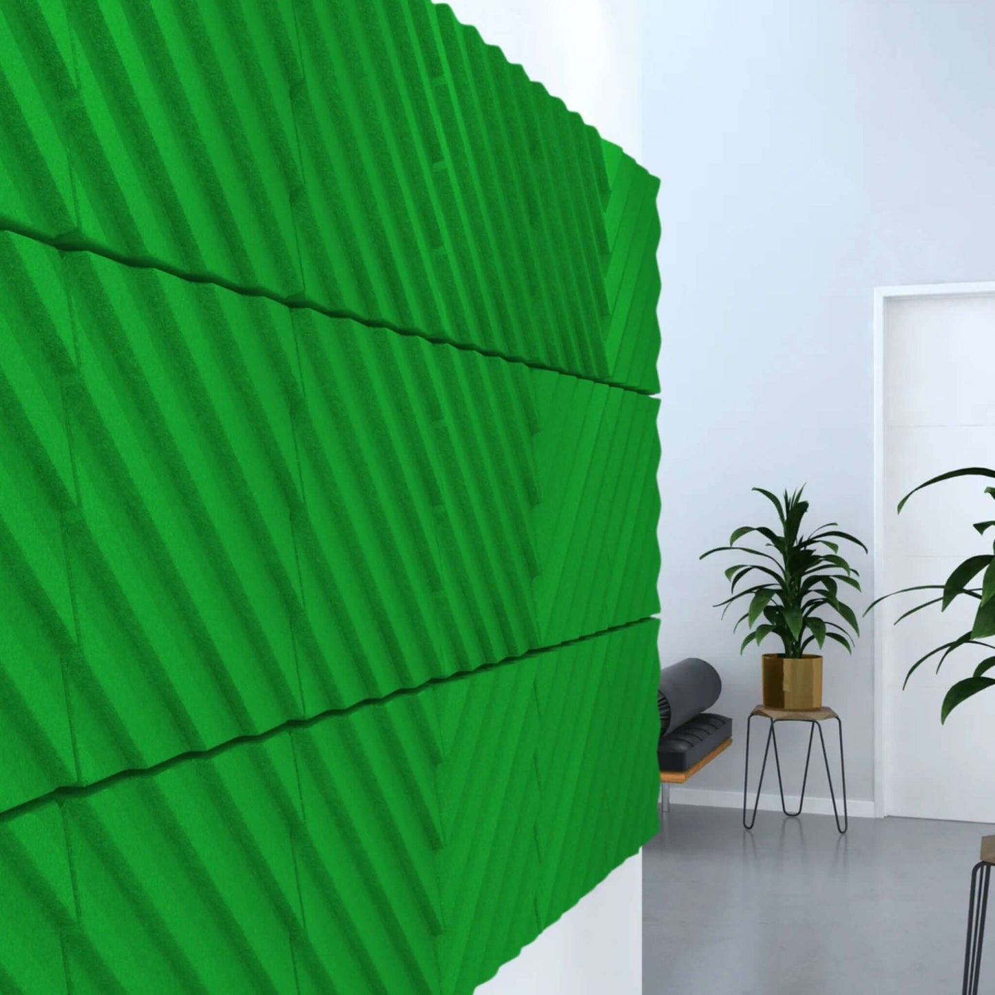 Acoustek Newport Collection acoustic wall tiles in vibrant green, enhancing interior spaces while reducing noise.