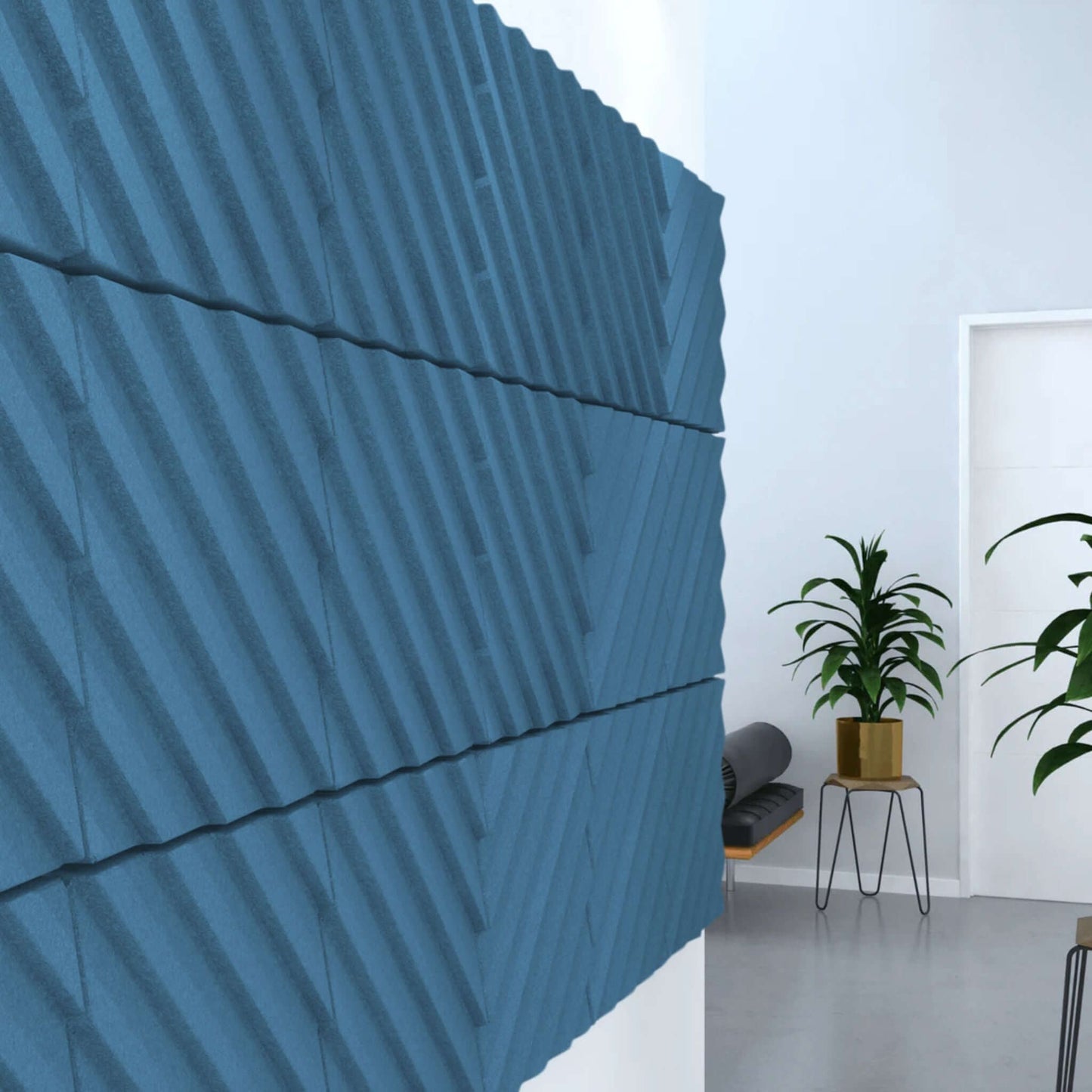Acoustek Newport Acoustic panels featuring blue textured wall tiles for modern noise reduction in stylish interiors.