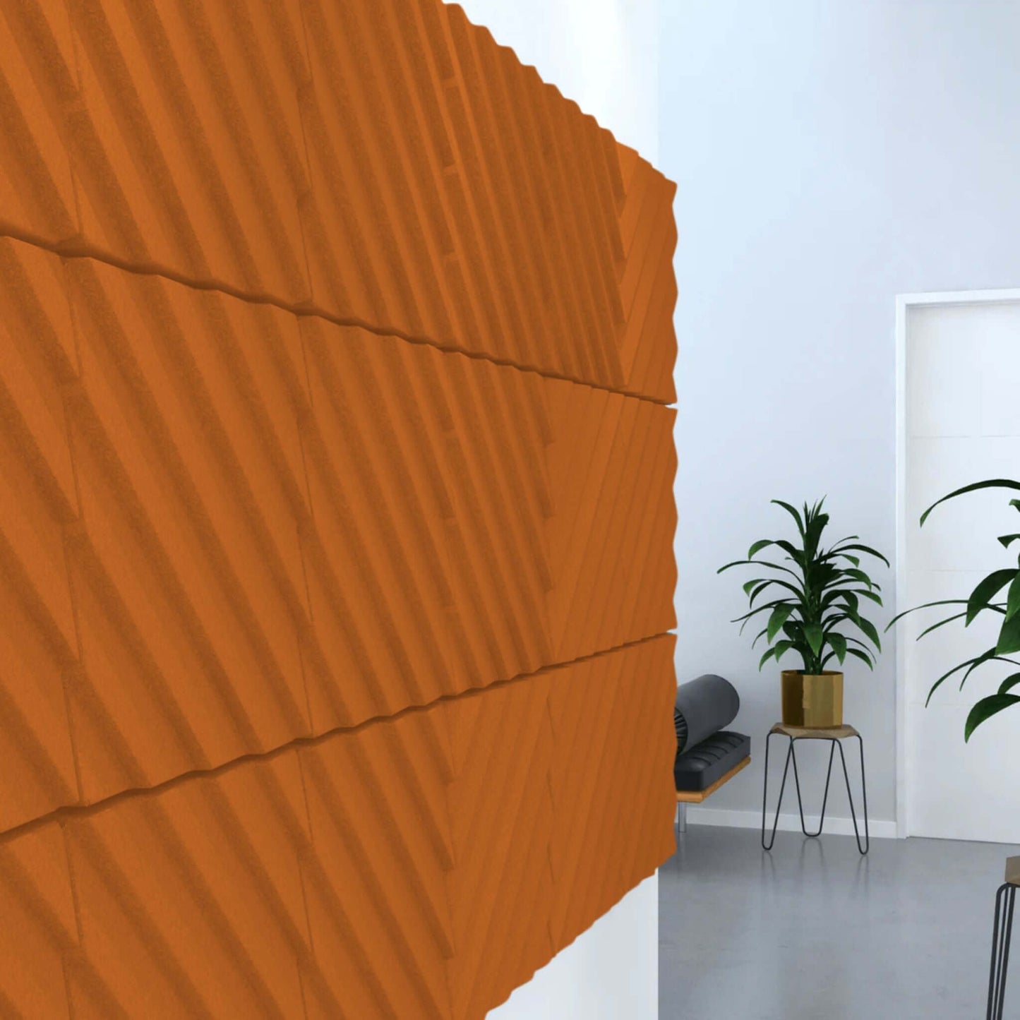 Acoustek Newport Collection acoustic wall tiles in a stylish orange design, enhancing sound reduction and modern aesthetics.