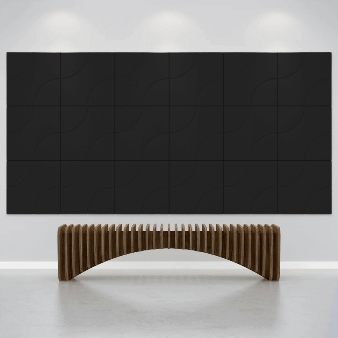 Acoustek Cavasinni acoustic tiles in black, enhancing modern interiors with wave design and sound absorption features.