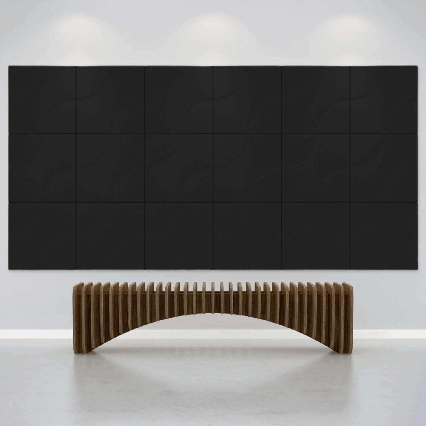 Acoustek Cavasinni acoustic tiles in black, enhancing modern interiors with wave design and sound absorption features.