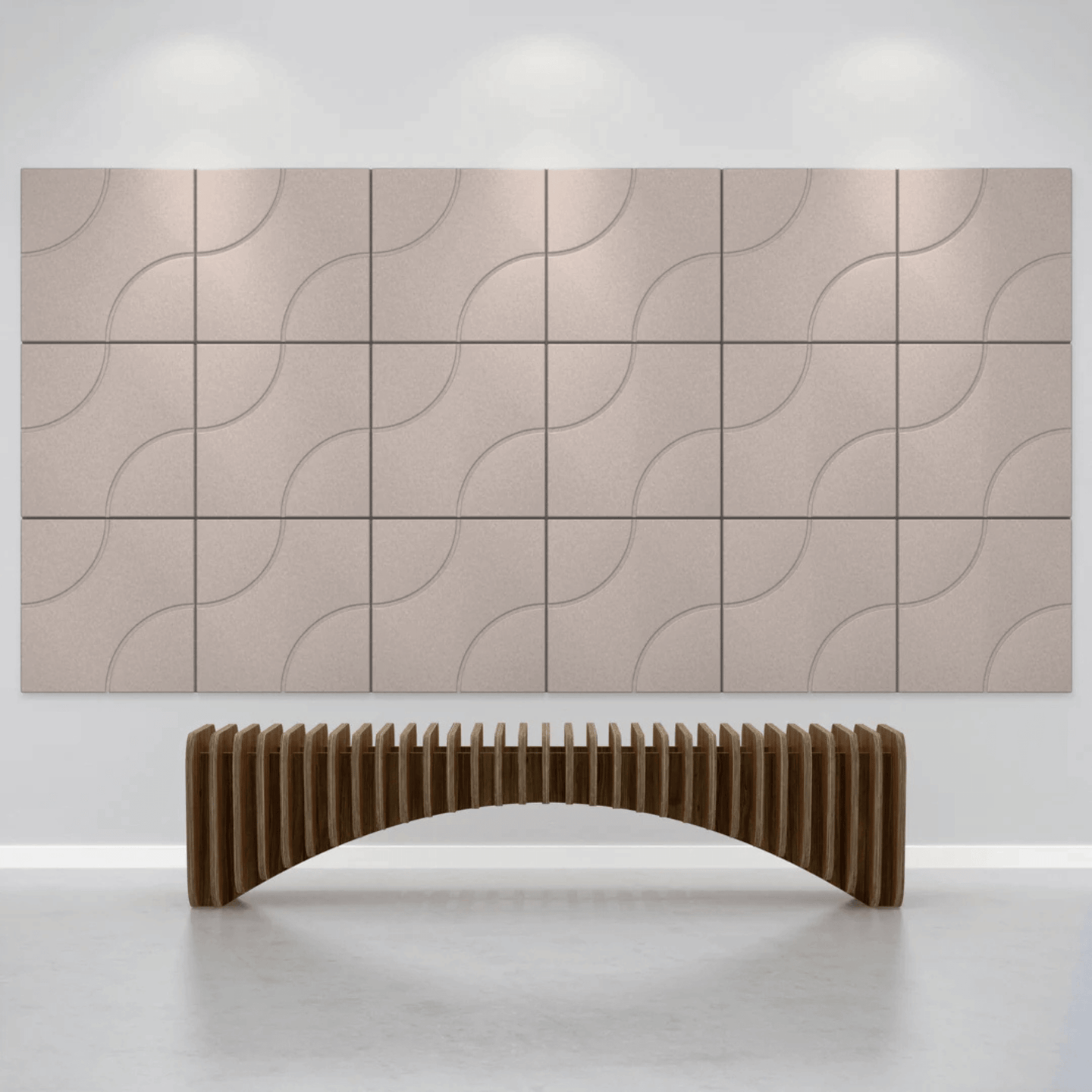 Acoustek Cavasinni acoustic tiles displayed on a wall with a modern wooden bench in a stylish interior space.