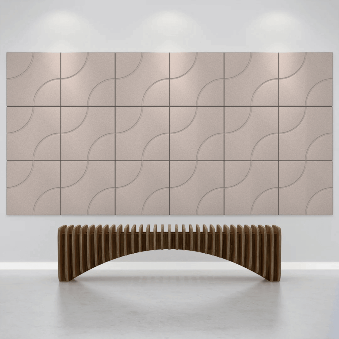 Acoustek Cavasinni acoustic tiles displayed on a wall with a modern wooden bench in a stylish interior space.