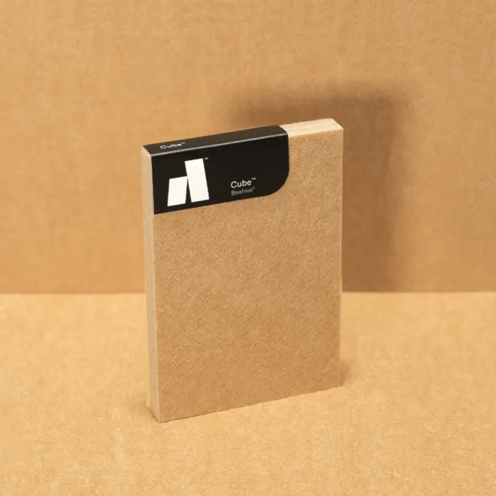 Autex Cube™ Acoustic Panels in packaging, eco-friendly acoustic solution for stylish interiors.