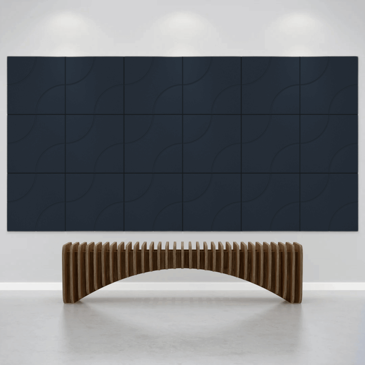 Acoustek Cavasinni acoustic tiles in dark blue on wall with modern wood bench in contemporary space.