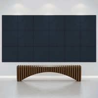 Acoustek Cavasinni acoustic tiles in dark blue on wall with modern wood bench in contemporary space.