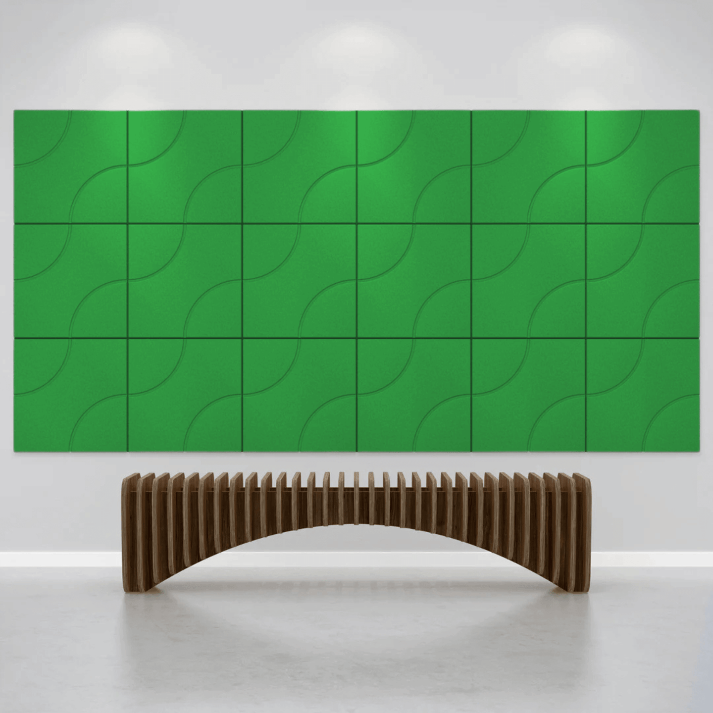 Green Acoustek Cavasinni acoustic tiles arranged on a wall, complemented by a unique wooden bench in a modern space.