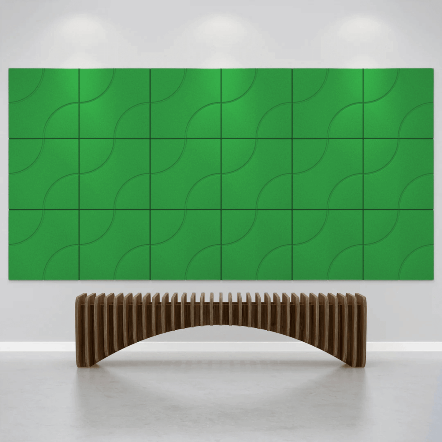 Green Acoustek Cavasinni acoustic tiles arranged on a wall, complemented by a unique wooden bench in a modern space.