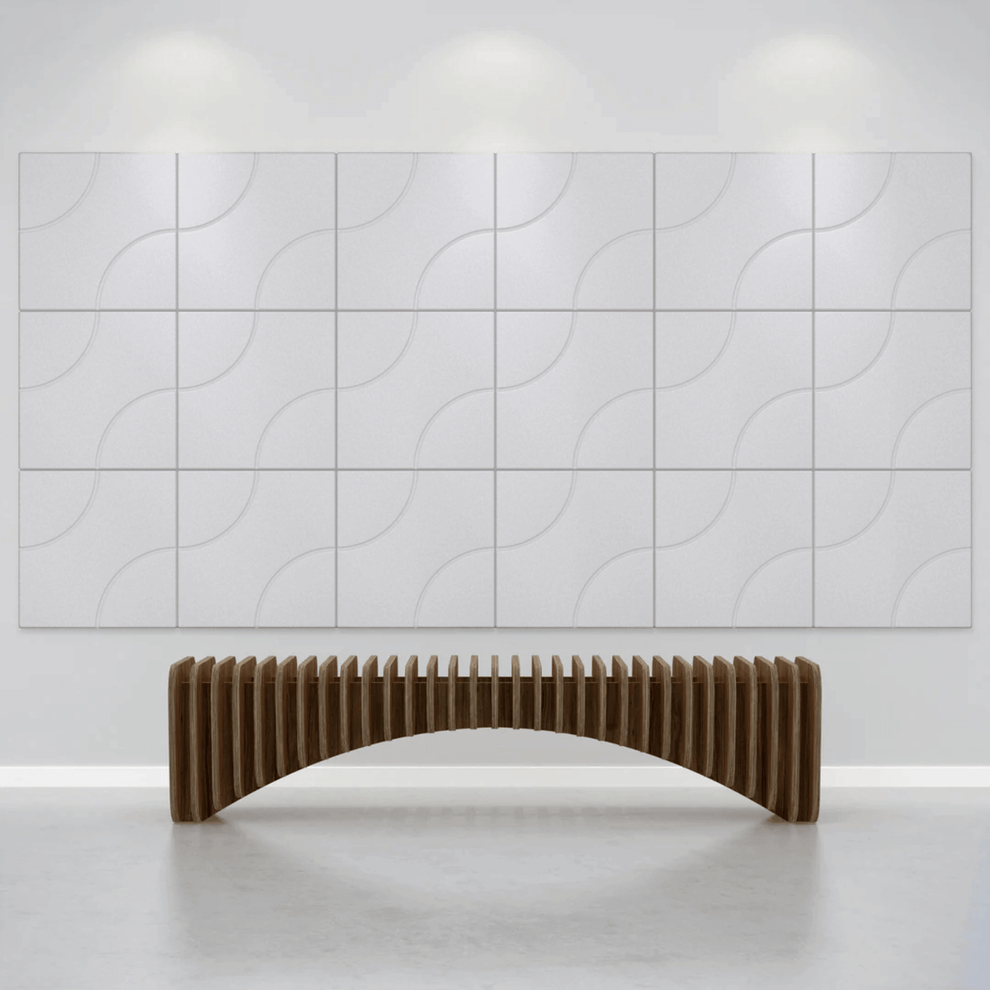 Cavasinni Collection acoustic wall tiles displayed on a modern wall with a stylish wooden bench in front.