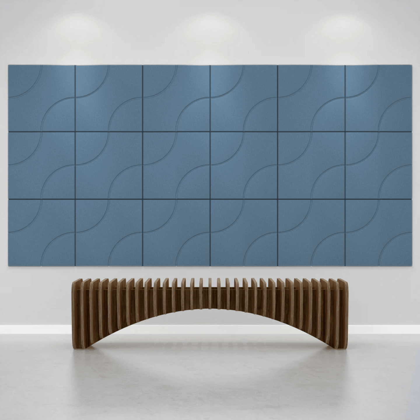 Acoustek Cavasinni collection acoustic tiles in blue on a wall, paired with a modern wooden bench.