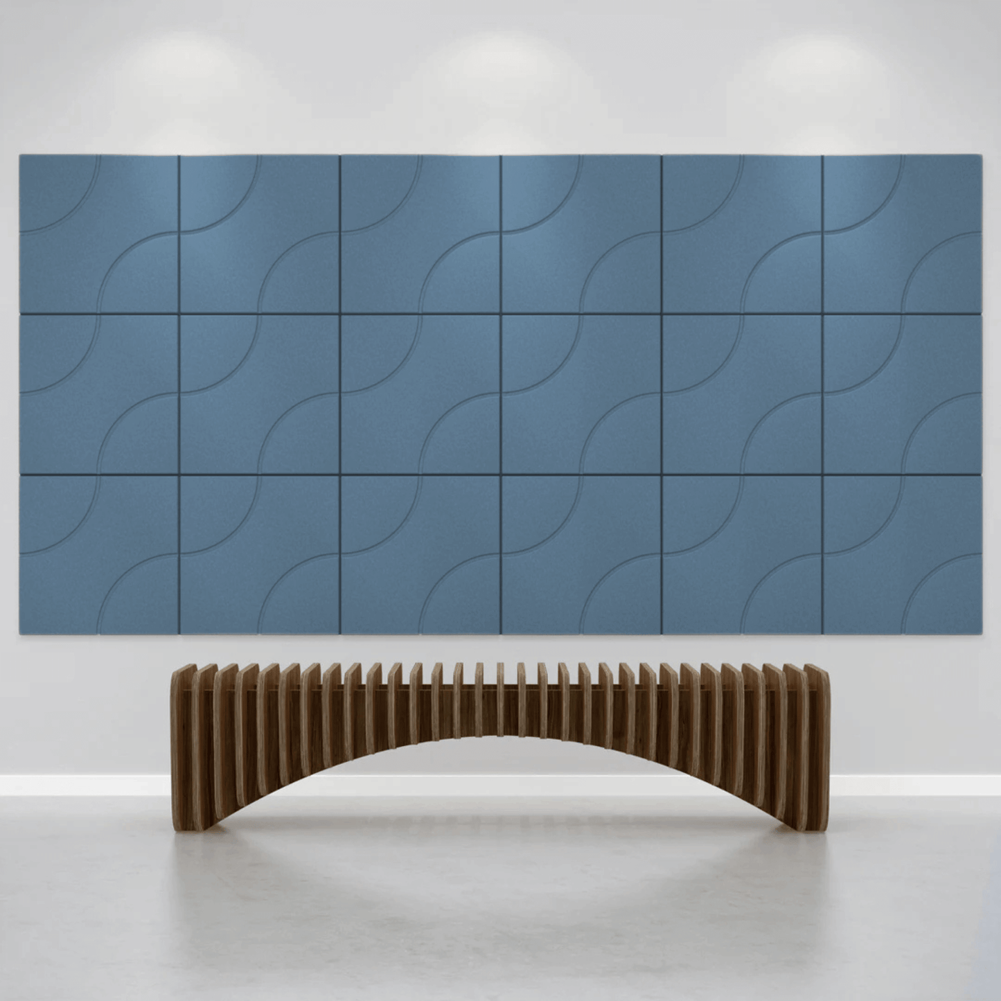 Acoustek Cavasinni collection acoustic tiles in blue on a wall, paired with a modern wooden bench.