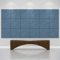 Acoustek Cavasinni collection acoustic tiles in blue on a wall, paired with a modern wooden bench.