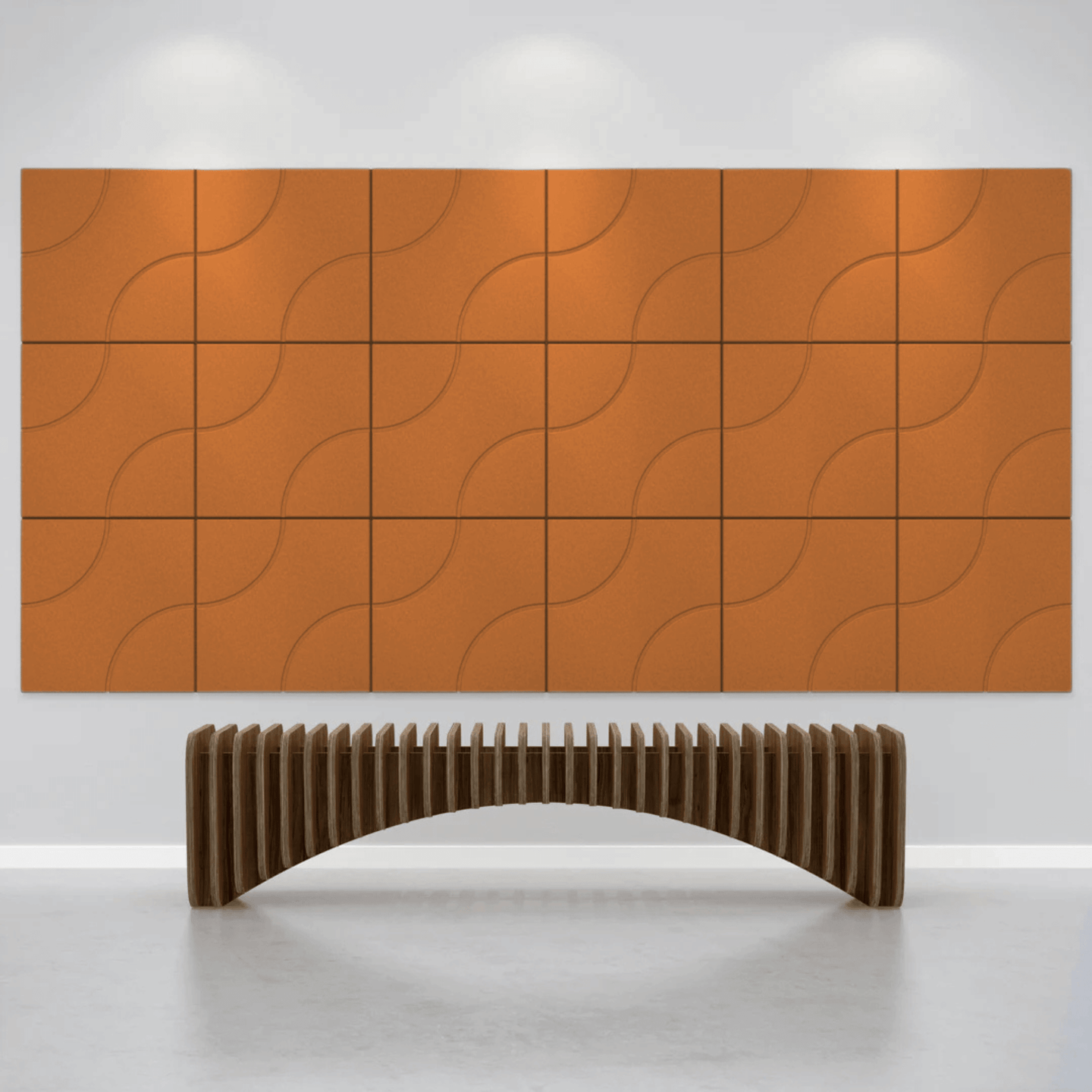 Acoustek Cavasinni acoustic tiles in rust color on wall with modern wooden bench in a minimalist space.