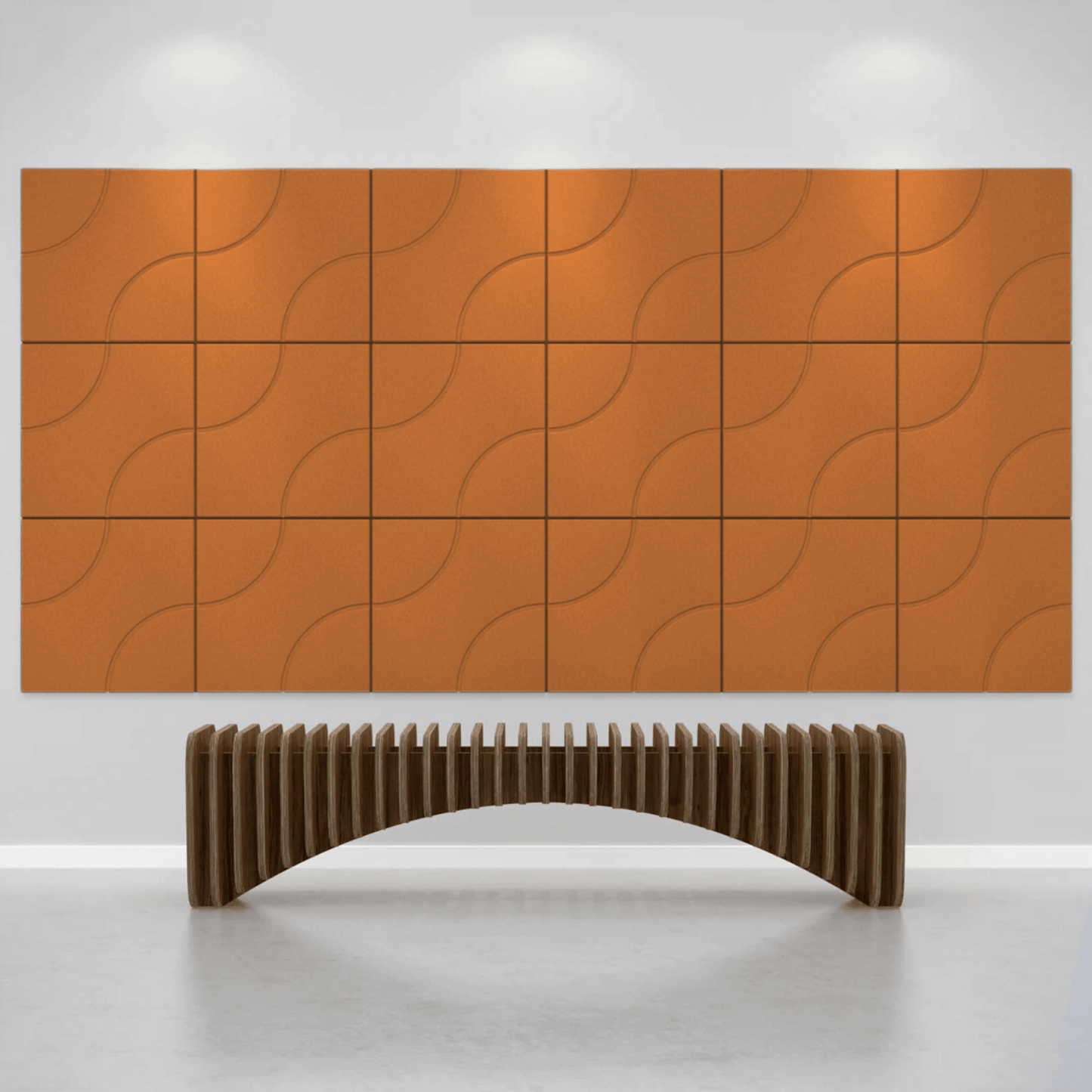 Acoustek Cavasinni acoustic tiles in rust color on wall with modern wooden bench in a minimalist space.