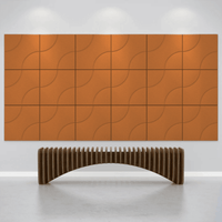 Acoustek Cavasinni acoustic tiles in rust color on wall with modern wooden bench in a minimalist space.